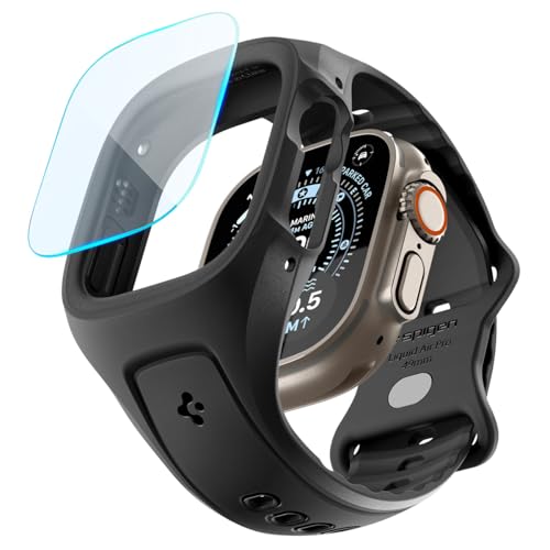 Spigen Liquid Air Pro Cover con Cinturino TPU e Pellicola Protettiva in Vetro Temprato Compatibile con Apple Watch Ultra 3/2/1 49mm, Custodia con protezione per lo schermo – Nero Opaco