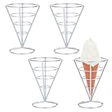 MAYJOYDIY 4 Pcs Silver Stainless Steel Waffle Cone Holder Stand 4.1x5.4 Inches Pizza Cone Holders Metal Food Cone Display Stands Ice Cream Holders for Ice Cream Hand Roll Sushi French Fries