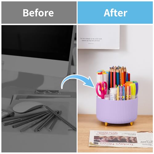 Image of Marbrasse Desk Organizer, 360-Degree Rotating Pen Holder, Desk Organizers and Accessories with 5 Compartments Pencil Holder, Art Supply Storage Box Caddy for Office, Home（Purple）