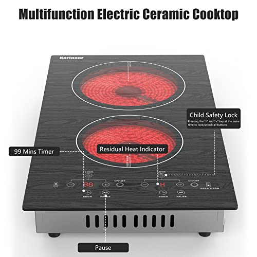 Image of Karinear Portable Electric Cooktop 2 Burners, 110v Plug in Electric Stove Top, Countertop Use or Built-in Install, 12'' Ceramic Cooktop with Beautiful Wooden Pattern