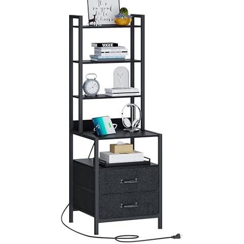TRIFEBLE Tall Nightstand with Charging Station and Fabric Drawers, 49.6" Tall Bedside Table with 5-Tier Storage Shelves, Night Stand with Bookshelf, End Side Table for Bedroom, Black Cover