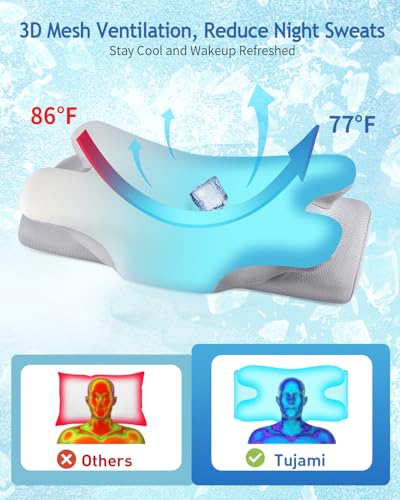 Cervical Neck Pillow for Pain Relief Sleeping, Cooling Ergonomic Contour Side Sleeper Pillow for Neck Support, Odorless Soft Memory Foam Orthopedic Bed Rest Pillow for Back Stomach Sleeper, Grey