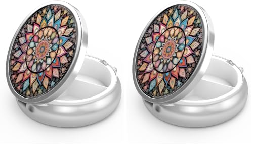 Image of Pill Box 3 Compartment Small Pill Case,Portable for Pocket or Purse Pill Organizer Pill Container Holder to Hold Vitamins, Medication, Fish Oil and Supplements(Colorful Mandala) (Pack of 2)
