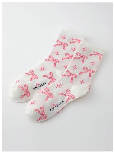 WDIRARA Women's 2 Pairs Cute Bow Print Crew Socks Above Ankle Breathable Socks2
