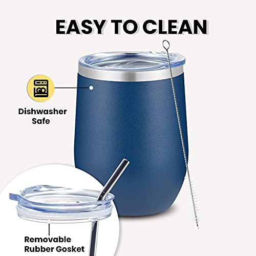 Coktik 12Oz 12 Pack Wine Tumbler With Lid Stemless Insulated Wine Glasses Double Wall Vacuum Stainless Steel Travel Tumbler For Cold & Hot Drinks Wine Coffee Cocktails, Navy #TOP3