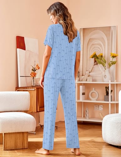 Image of Avidlove Women Pajamas Set Notch Collar Soft Sleepwear Pjs Short Sleeve Button Down Nightwear with Long Pants