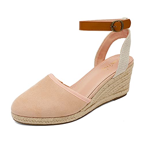DREAM PAIRS Women's Ankle Strap Closed Toe Espadrille Wedge Heels Sandals 8 Nude