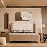 Upholstered Bed Frame with Wingback Headboard, Upgraded Platform Bed with Integrated LED Lighting, 9-Point Support Base, Simplified Assembly, PU Leather, Natural Oak, Queen