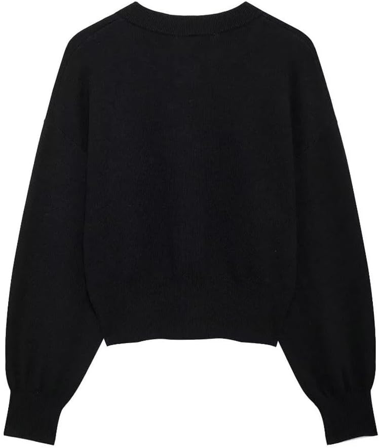 Women Black Cropped Knit Cardigan with Large Buttons Round Neck Long Sleeves Ribbed Cuffs Knitted Sweater Coat