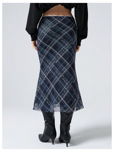 Floerns Women's Plaid Mesh Fishtail Skirt High Waist Lettuce Trim Summer Midi Skirts3