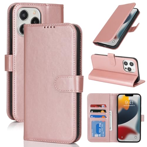 Image of for iPhone 13 Pro Case Wallet with Card Holder,for iPhone 13 Pro Wallet Case for Women Men,PU Leather Shockproof Magnetic Buckle Stand Flip Phone Case-Rose Gold