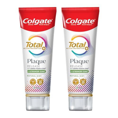 Image of Colgate Total Plaque Release Toothpaste Tooth paste with Amino Foam & Zinc Colgate Paste Toothpaste for Stronger Gums 3X More Effective at Fighting Plaque - Natural Mint 160g (Pack of 2 x 80g)