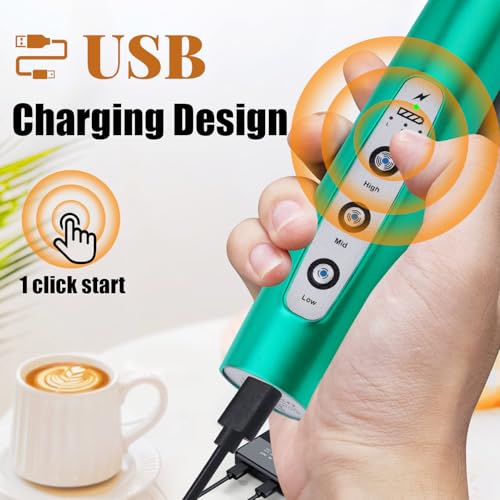 Image of Nahida Turquoise Milk Frother Wand for Coffee, Frother Handheld Rechargeable Electric Whisk with 3 Heads 3 Speeds Drink Mixer Coffee Frother Foam Maker For Latte, Cappuccino, Hot Chocolate, Egg