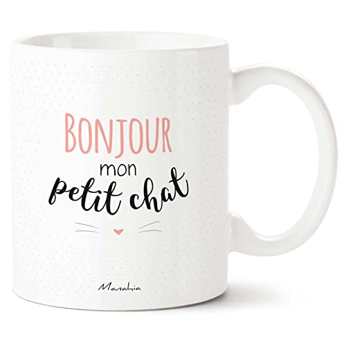 Manahia Mug Chat - Bonjour mon petit chat - Rose - Imprimé en France - Avec boite Kraft - 330 mL Céramique - Cadeau Saint Valentin - Cadeau Femme - Tasse...