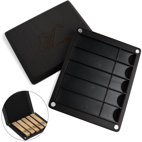 Kmise Wooden Reed Case with Magnetic Closure Dual-Sided Storage Design 10 Reed Capacity for Saxophone Clarinet (Black)