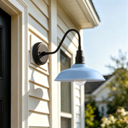 Image of 10 Inch Dome Gooseneck Barrn Light Outdoor, Baby Blue Goose Neck Farmhouse Outdoor Lights Fixture, Barn Style Exterior Wall Lighting Fixtures for Garage, Porch, Entryway
