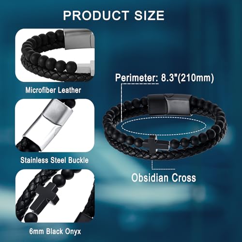 Pulsera de cuero con cuentas para hombre, cruz bañada en oro y rodio miniatura 6