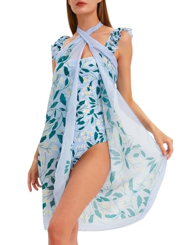 Women's One Piece Swimsuit with Cover Up Modest Bathing Suits with Cover Up Set Sarong Wrap Swim Suits for Women Slimming Swimwear Retro Floral Two Piece Swimsuits Green Leaf Medium4