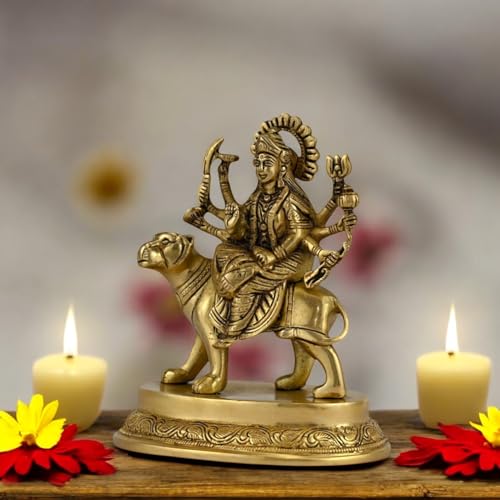 Image of SHANTI Brass Durga MATA Idol /Murti for Puja Room, Home, Office Height:- 6 Inche (DU2683)