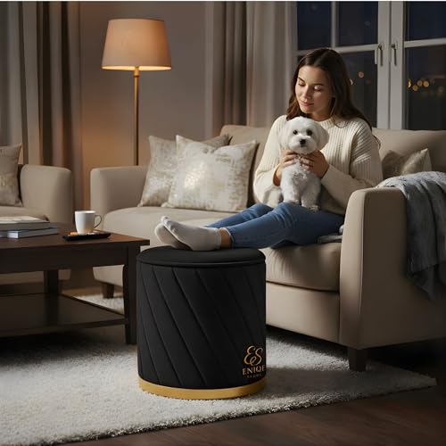 Image of Luxury Round Velvet Ottoman Stool with Gold Base - Modern Upholstered Footrest Pouffe, Tufted Vanity Seat, Living Room Bedroom Dressing Stool (Black)