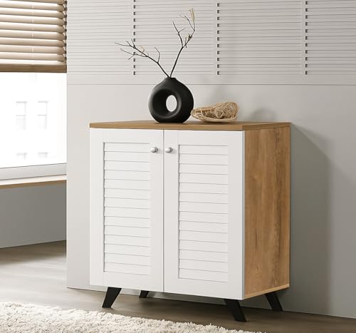 Image of LERIMO 2-Door Engineered Wood Shoe Rack, 4-Tier Wooden Shoe Rack for Entryway, Shoe Storage Cabinet with Doors Adjustable Shelves, Wooden Shoes Rack Organizer (Wotan Oak-White, 2 Door)