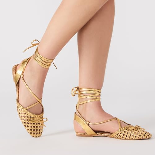 Woven Ballet Flats for Women Square Toe Lace Up Flats Cute Bow Ballerina Shoes3