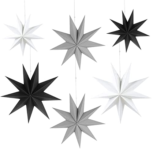 HBSTK 6 x Faltstern Weihnachten Papiersterne 9 Zacken Faltsterne Sterne Papier 3D Sterne zur Dekoration von Fenster Weihnachtsbaum Advent 2 x Φ25 cm, 2 x Φ30 cm, 2 x Φ45 cm (Schwarz, Weiß, Grau) Cover