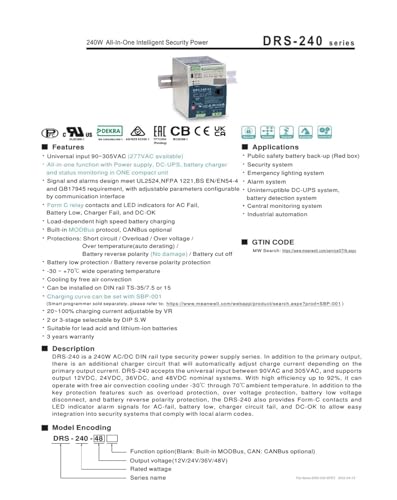 Bloc d'alimentation DRS-240 240W 12V-48V CA/CC industriel - 3