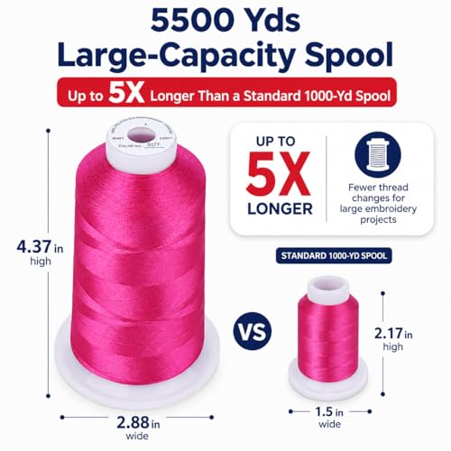 Image of Simthread 5500Yds Embroidery Thread 5000M, 40WT 100% Polyester Machine Embroidery Thread, High-Yardage Spool for Brother, Singer, Janome, Babylock, Husqvarna Machines, Fuchsia S077 | 5000M 40WT polyester thread feeds smoothly for home or commercial embroidery projects.