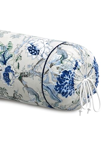Image of Clasiko Cotton Bolster Covers; Set of 2; 220 TC; Grey Blue Flowers; 30x15 Inches; 42158