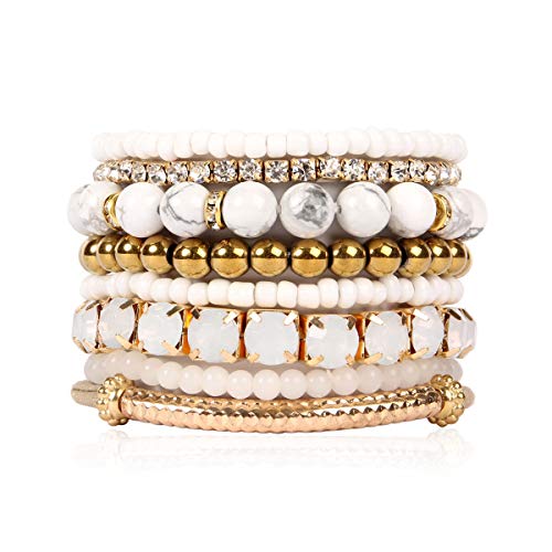 Multi Color Stretch Beaded Stackable Bracelets - Layering Bead Strand Statement Bangles (Natural Stone - White Howlite/Gold, 7)