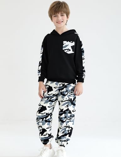 Image of mksodopy Boys Clothes Long Sleeve Hoodie and camouflage cargo pants Boy Outfits for 6-16 Years