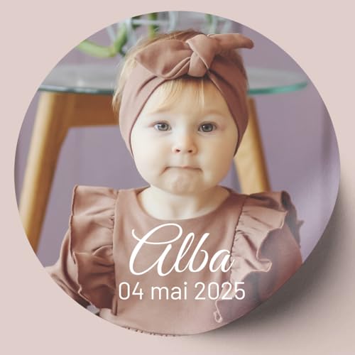 Hidoo Creations - Lot de 24 stickers personnalisés, votre photo, thème baby shower, naissance, baptême, autocollant rond prénom date, typographie au choix, étiquette adhésive, mat ou brillant, 4cm