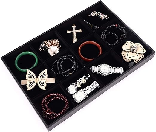 Image of Velvet Jewellry Drawer Organizer Stackable Tray (Black, 12 Grid Black)