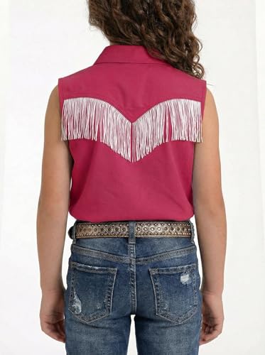 Image of Girls Fringe Shirt Sleeveless Button Down Western Cowgirl Tassel Trim Casual Blouse Shirt Top 4-13Y