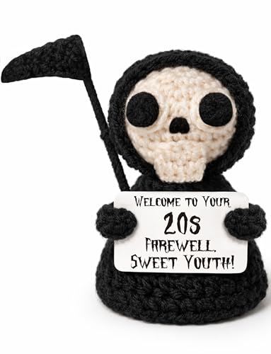 Frabaca Funny 20th Birthday Gift Handmade Crochet Grim Reaper Plush with Dark Humor Message Spooky Cute Milestone Keepsake for Halloween Friends Coworkers Brothers Sisters
