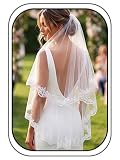 IYOU Blanc Mariage De Mariée Voile 2 Niveaux Fleur Voiles de Tulle Dentelle Appliqué Bout du Doigt Longueur Voile de Mariée avec Peigne pour Femmes (Ivoire)