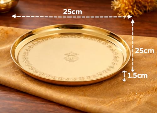 Image of Mkd2 Rise Brass Pooja Thali Plate with OM Design - 10 Inch (25 cm) Aarti Puja Plate for Home, Temple & Mandir, Diwali Gift, 1 Piece