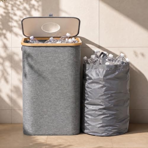 Poubelle Cuisine Tri Sélectif 100L Gris – Bac de Tri Recyclage Bouteilles – Poubelle Double Compartiment avec 2 Sacs Amovibles – Bac Recyclage Cadre...
