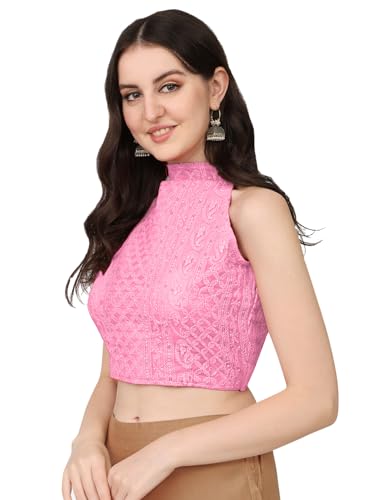 Image of Pujia Mills Women's Halter Neck Chickenkari Work Readymade Saree Blouse