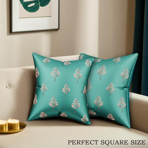 Image of Kuber Industries Polyester Cushion Cover 16 Inch x 16 Inch Set of 5 with Zip Closure | Decorative Throw Pillow Square Cushion Cover for Sofa Set, Bedroom and Living Room | Golden Tree - Green