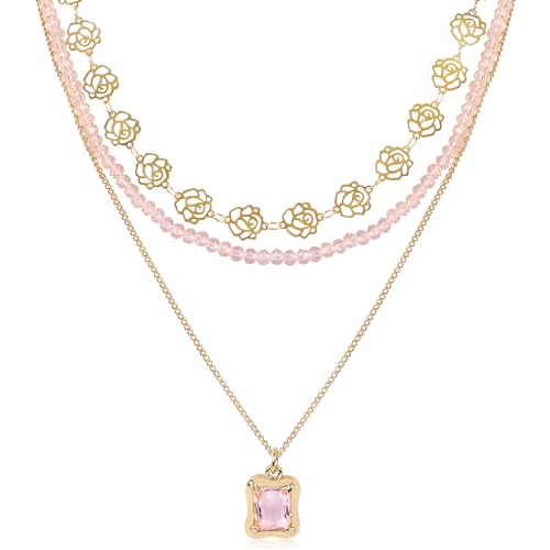 Multilayered Colorful Beaded Necklace for Women with Cute Pendant Bohemian Layered Natural Stone Choker Necklace Charm Stand Statement Necklace Adjustable Boho Party Summer Beach Holiday Jewelry Gift