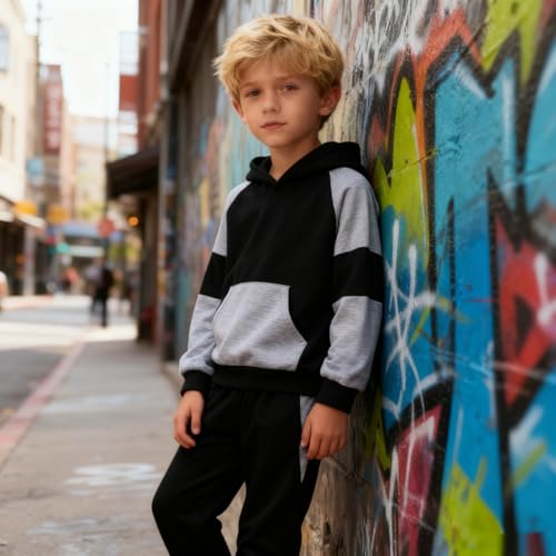Image of 5-11Y Boys Clothes Long Sleeve Hooded Pullover Colorblock Sweatshirt + Pants 2pcs Fall Winter Outfit Set