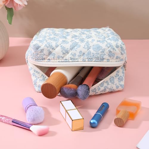 XLIUAX Floral Makeup Bag, Cute Aesthetic Cosmetic Bag, Portable Travel Flowers Toiletry Organizer Make up Bags, Cotton Quilted Cosmetic Bags with Zipper for Women Travel Accessory (Blue Floral) - Thumbnail 2