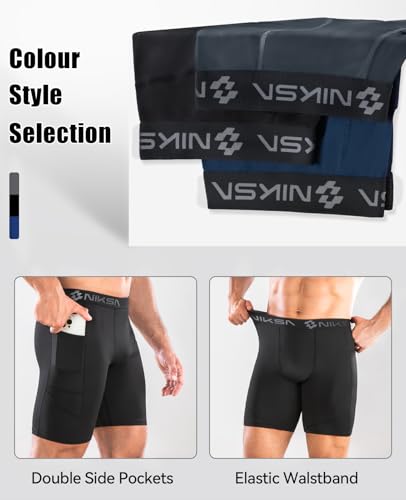 Image of Niksa 1 /2 Pack Mens Compression Shorts with Pocket, Performance Spandex Athletic Sports Workout Running Underwear Shorts