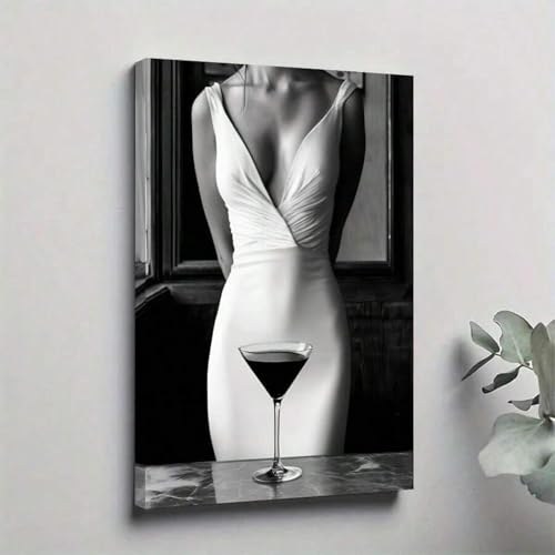 Toile murale silhouette féminine et verre Martini, affiche noir et blanc 50x75 cm avec cadre