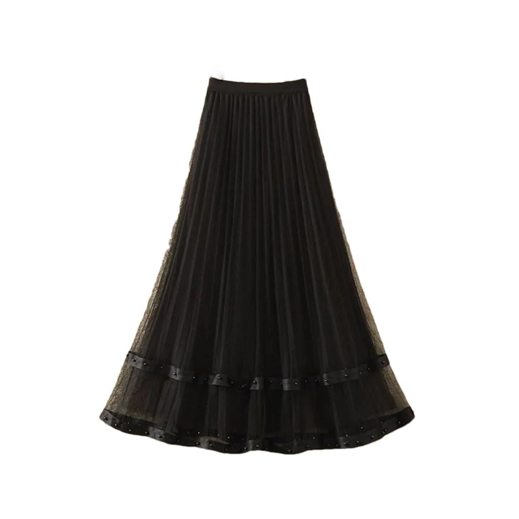 Jupe brodée à taille élastique unie pour femme - Jupe trapèze plissée taille haute