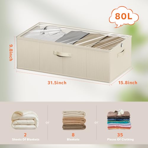 Chizjox 2 Pack Under Bed Storage Containers, 10 Inch Tall Underbed Clothes Storage Organizer Bin with Clear Window，Foldable Box Basket for Clothes, Closet, Bed Sheets and Blankets Beige — view 3