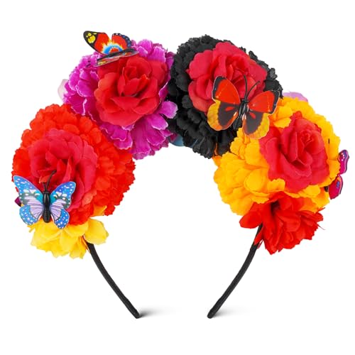 Epokus Diadema de flores, diadema de rosas, cor de flores, diadema de noiva, coroa de flores, coroa de rosas mexicanas, acessórios para o cabelo para carnaval e carnaval, festivais de casamento