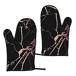 Heat Resistant Oven Gloves Sets Of 2 - Black Rose Gold Marble Printed Kitchen Non-Slip Microwave Oven Mitts 1 Pair For Baking Cooking Bbq